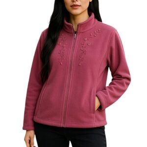 VINTAGE Tradition Rose Fleece Jacket Floral Embroidered Zip Grandma Size XL